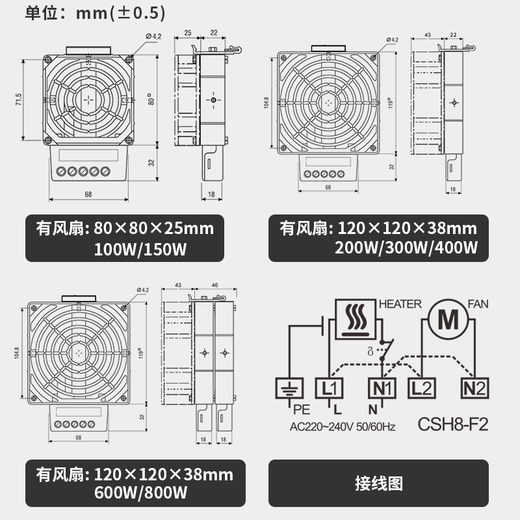Enjue cabinet dehumidification fan heater CSH8 distribution cabinet air conditioner 220V aluminum alloy constant temperature heating 150W200W400W800W 600W AC220C with fan