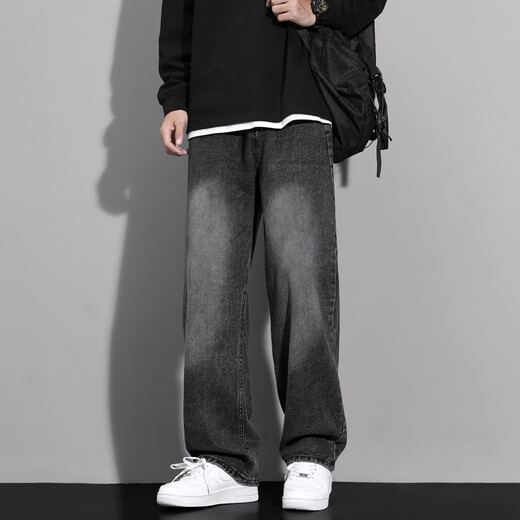 MAYBEYOND jeans men's American fashion brand high street workwear straight pants loose casual wide leg pants MA46 smoke black L