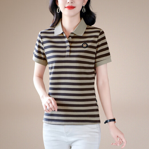 LaChapelleSportPOLO collar striped short-sleeved T-shirt women's summer 2024 new style middle-aged women's fashionable age-reducing versatile casual top black M (recommended 80-90Jin [Jin equals 0.5 kg])