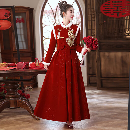 Weixuan New Chinese Style Toast Clothes Engagement Clothes Women Small Winter Pregnant Women Belly Covering Large Size Fat mm Outing Banquet Dress Skirt S