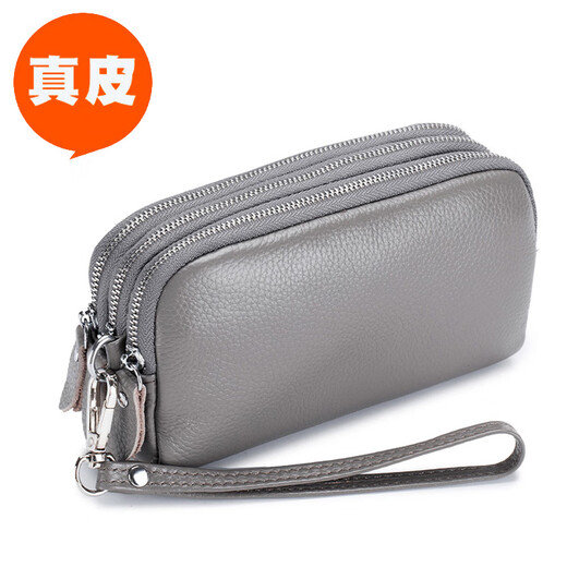 SHARELOVE Genuine Leather Small Hand Bag Women Can Hold Mobile Phone Mini Portable Coin Purse Three-Layer Zipper Wrist Bag First-Layer Cowhide Three-Layer Zipper - Black