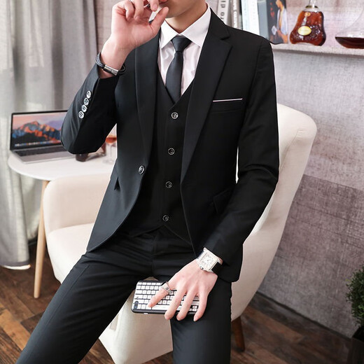 Kaduton suit men's three-piece professional business small suit formal jacket men's slim groom's wedding dress black double button suit + trousers + shirt XL 116-126Jin Jin equals 0.5 kg + 8 gifts