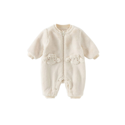 DAVE&BELLA full-month baby jumpsuit, infant warm crawl suit, milk velvet children's clothes, winter clothing, new baby girl's pajamas, off-white, ready stock 80cm (recommended height 73-80cm)