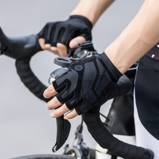 ROCKBROS Cycling Short Finger Gloves Half Finger Fitness Gloves Men's and Women's Cycling Outdoor Breathable Sports Spring and Summer Black (SBR + Velvet Palm Pads) XL