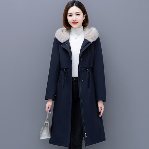 Lei Gongguan Parker Women's 2022 Winter New Fur Jacket Mid-Length Mink Fur Collar Removable Liner Coat F22018 Navy Blue L