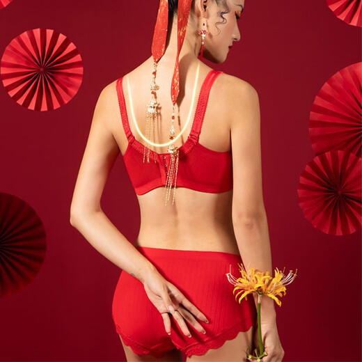 French Jerrie Mock underwear set for women who are married in their zodiac year, thick push-up bra and panties without steel rings, gift box for the year of the tiger, Hongfu gift box three, thin section about 0.5CM 75B=34B (set)