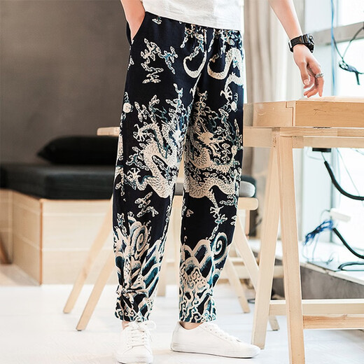 Sr. Guan Estilo chino Lino impreso Lo suelto Harem Harem Harem Retro Algodón Retro Algodón Summer Estilo delgado Mascas informales Long 319 Borgoña XL