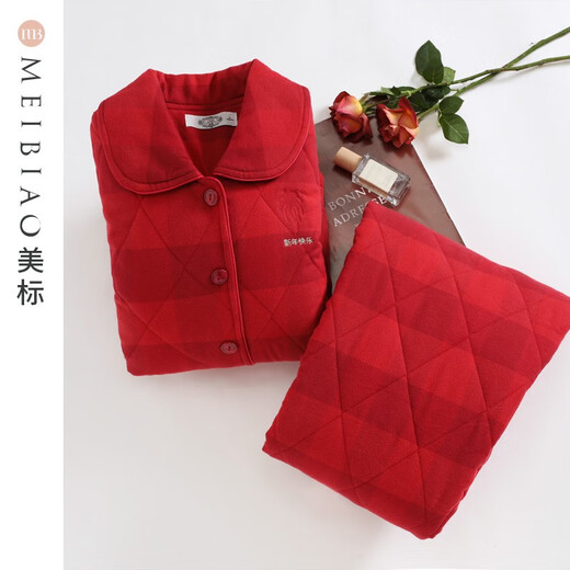 American Standard Mall's same style three-layer thickened cotton couple's pajamas for women, autumn and winter red product, zodiac year, cotton home clothes for men, Chinese red-women's L
