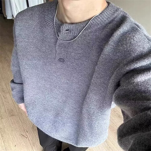 Tanghao (tanghao) Korean version of the new men's relaxed old money knitted sweater, lazy and versatile henley bottoming long-sleeved autumn and winter black high quality XL
