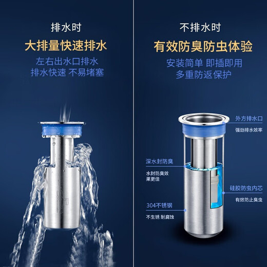 Submarine FCQ-1 2 pack floor drain inner core stainless steel deodorant floor drain inner core deep water seal U-shaped thickening (long version) engineering style