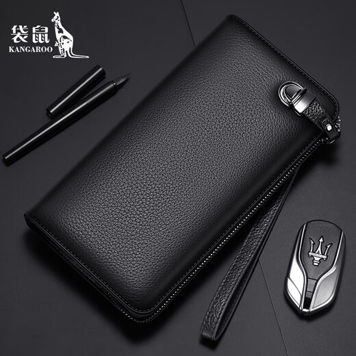 Kangaroo handbag genuine leather wallet men's long anti-theft clutch bag first layer soft cowhide large capacity clutch bag new simple black