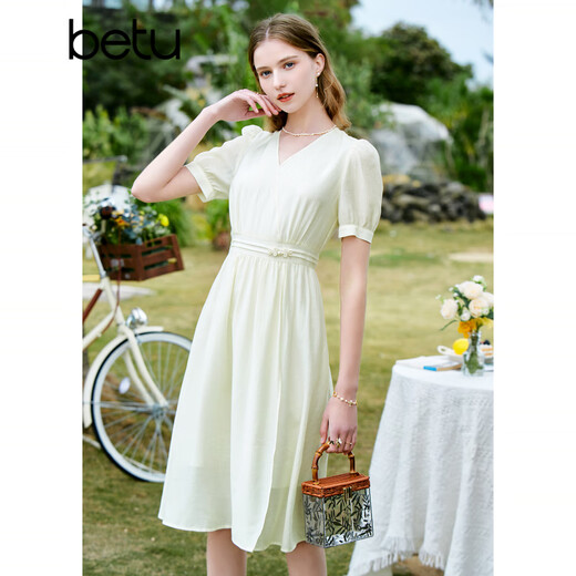 Betu women's new summer dress elegant light national style romantic dress women 2303D05 light apricot S