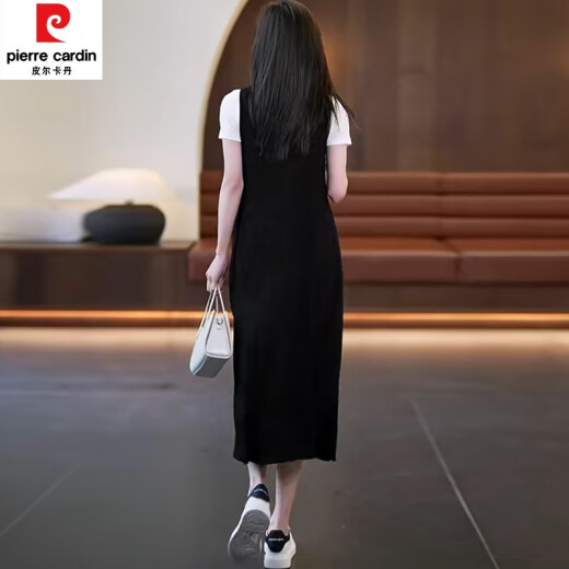 Pierre Cardin Fashion Loose Dress Large Size Women's Clothing 2023 Summer New T-shirt Covering Vest Skirt Slimming White T-shirt + Black Skirt M