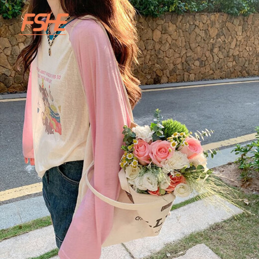 FSHE2024 new summer and autumn raglan sleeve thin long-sleeved T-shirt for women, versatile, loose and chic, age-reducing printed blouse top with pink and apricot M