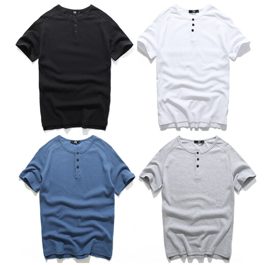 Continue short-sleeved t-shirt men's tight henley collar pure cotton open collar black t-shirt men's slim sports tops bottoming shirt black M