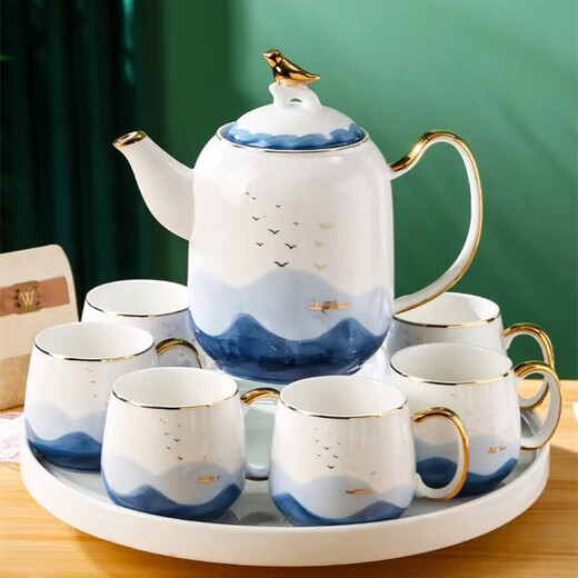 Yanze Guochao style ink ceramic water cup teapot kettle teacup cup set home living room hospitality tea set water set Guochao style ink eight-piece set-gift box