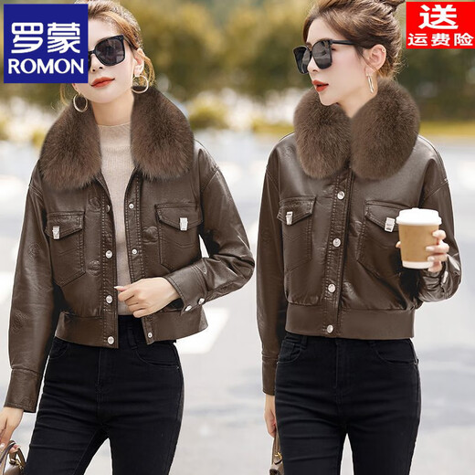 ROMON genuine leather jacket with velvet and thickening for women 2025 autumn and winter new style fashionable little leather jacket short coat coffee color + coffee color fur collar leather jacket XL recommended 105-115Jin Jin equals 0.5 kg
