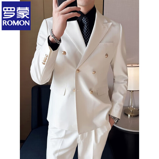 ROMON suit men's double-breasted host dress lapel collar business casual suit three-piece wedding dress X890 white single-piece suit XL