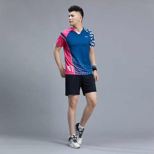 李宁（LI-NING）羽毛球服短袖套装春夏凉爽排球乒乓球打比赛运动服时尚专业透气 男子/蓝色上衣/黑色短裤 套装 2XL
