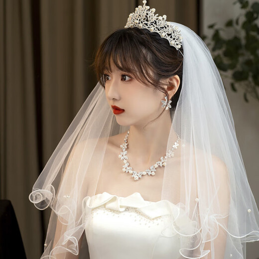 Ancient Nai Crown Tiara Veil Proposal and Certification Bride Marriage Korean Forest Crystal Crown Wedding Dress Hair Accessory Female Adult French Crown Silver + Veil (60-80cm