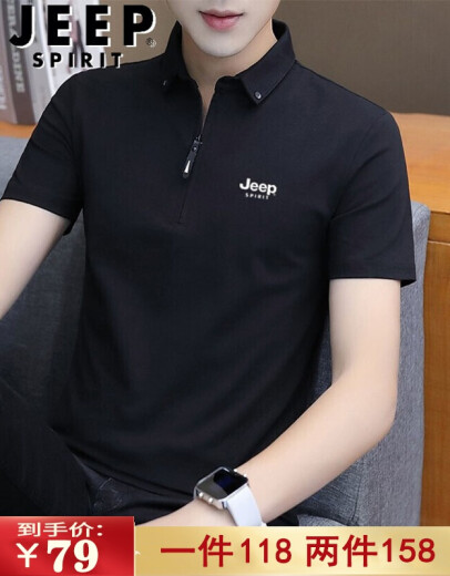 JEEP Jeep short-sleeved T-shirt men's polo half-sleeved new men's summer T-shirt business casual lapel top T-shirt pure T118 black XL (125-140Jin [Jin equals 0.5 kg])