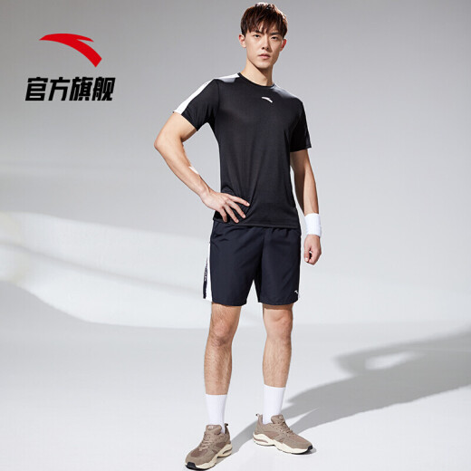 ANTA official flagship sports suit men's spring loose knitted sports short-sleeved shorts men's two-piece set basic black floral gray-8L (Male 175)