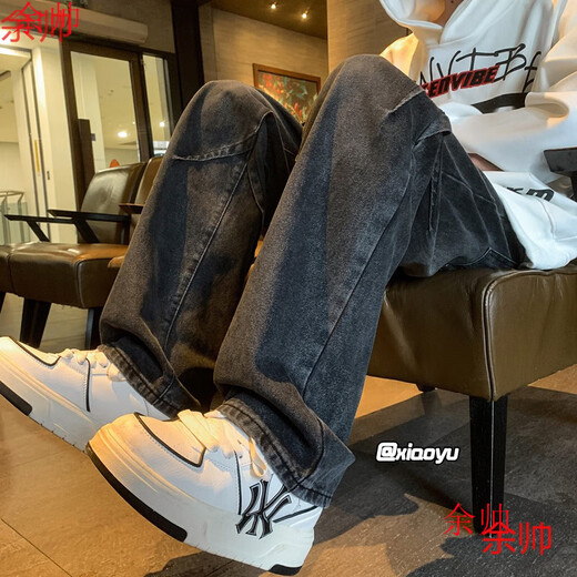 余帅（YU SHUAI）牛仔裤男春秋新款美式高街复古重磅潮流拼接裤子宽松阔腿直筒男裤 YC-7260黑色 L