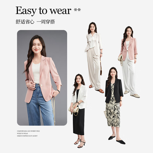 Yalida chaqueta de traje fina informal de gama alta para mujer novedad de verano traje de manga tres cuartos para mujer blanco (K0) -Moonlight White M