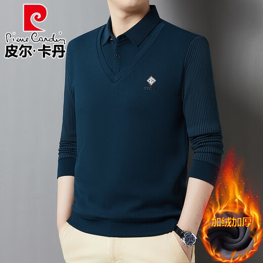 Pierre Cardin brand autumn and winter men's fake two-piece velvet collar striped casual pullover bottoming shirt men's top khaki 4XL 130-