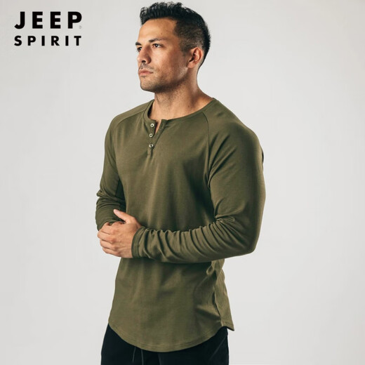 JEEP SPIRIT Retro Heavy Henley Long Sleeve T-Shirt Solid Color Sports Fitness Bottoming Shirt Men's Pure Cotton Stretch Thin V-Neck Cardigan Black XL