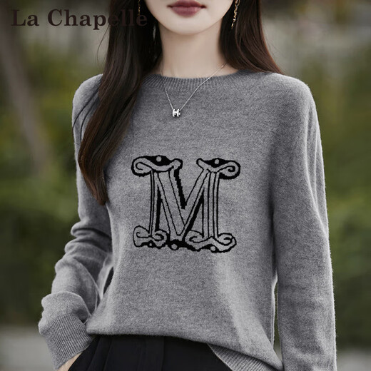 La Chapelle French Jacquard Bottoming Sweater Women's Round Neck Pullover Sweater 2025 Autumn and Winter New Style Loose Slim Top Gray M Recommended Weight 95-110 Jin Jin equals 0.5 kg