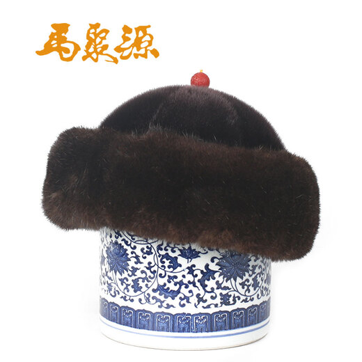 Ma Juyuan hat for men, handmade by middle-aged and elderly fathers, winter thickened velvet and warm seal fur landowner hat, AhaiL fine satin hat, dark brown 56cm