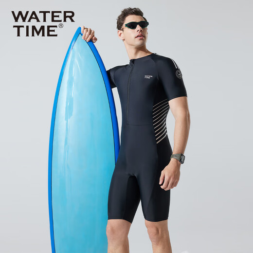 WATERTIME/Shuichuan Men's Swimsuit and Swimming Pants One-piece Short-Sleeved Diving Suit Men's Swimsuit Black Silver XL