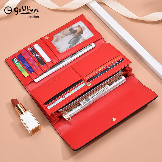 Goldlion Long Wallet Women's New Fashion Genuine Leather Handbag Three-fold Clutch Bag Clutch Bag Women's Luxury High-end Brand Get a fake one and get ten for free Official straight hair red