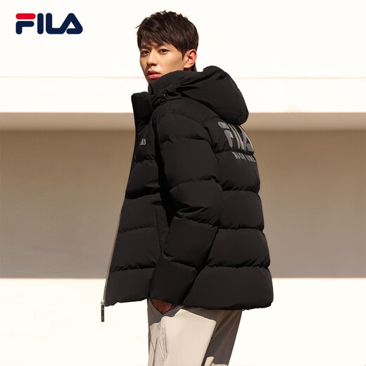 FILA Down Jacket Men's Winter Warm Hooded Sports Casual Long Sleeve Thickened Jacket Cardigan Men's Top True Black-BK XL 180/100A