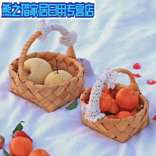 千团精工田园风木片手工编织篮子水果零食面包蔬菜姜蒜野餐竹编手提篮花篮 木片长方形篮::小号