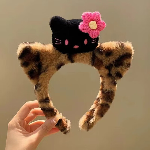 Cat ear plush headband leopard print KT cat sauce headband women's face wash makeup headband cartoon hair accessories tiger stripe white cat/
