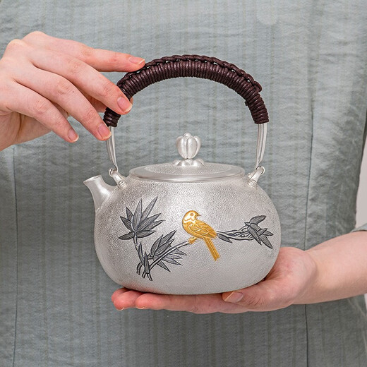 归银堂银壶纯银999泡茶壶足银手工西施镀金喜鹊功夫茶道银茶具套装送礼 烧水壶+证书+礼盒 880ml