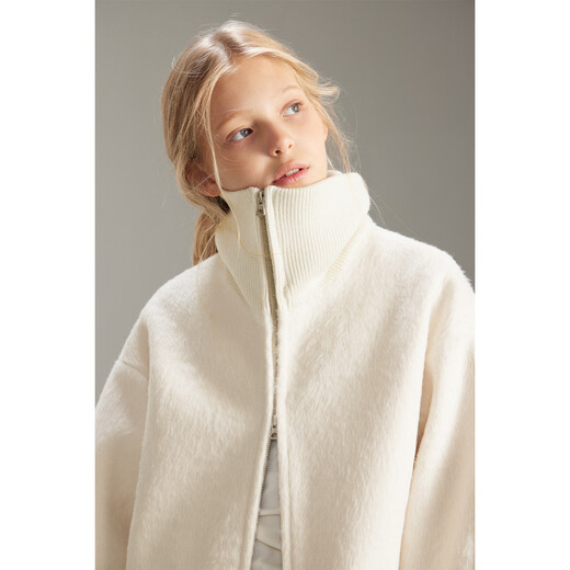 ELLE KIDS children's clothing knitted splicing large lapel woolen coat girls autumn and winter new double zipper mid-length coat white 165 (M)