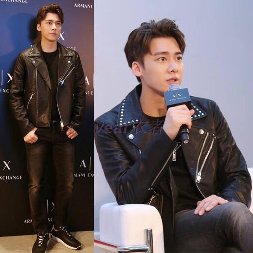 Customized male star model Wang Yibo and Yang Yang's same style motorcycle sheepskin jacket 23 autumn and winter new thickened leather jacket clip black L
