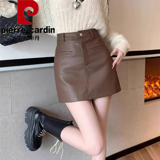 Pierre Cardin small fragrant style pu small leather skirt for women autumn and winter style fat m girl high waist slim versatile skirt a line hip-covering short skirt coffee color XL recommended 115-125Jin Jin is equal to 0.5 kg