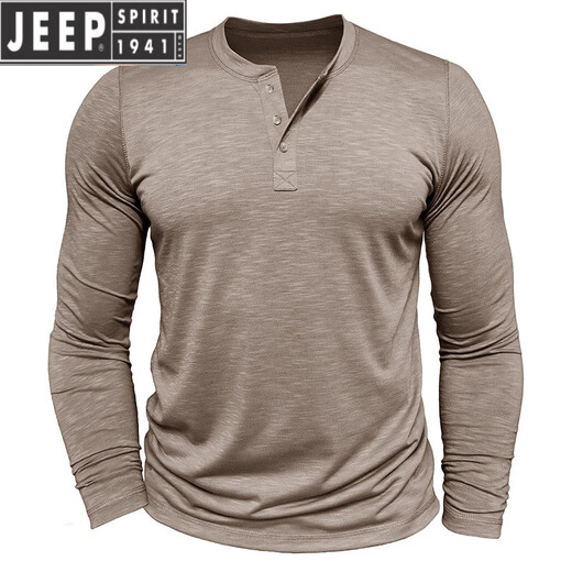 JEEP SPIRIT European and American tough guy Ami khaki American retro loose T-shirt cotton Henry collar long-sleeved inner layered shirt trendy men's military green XL