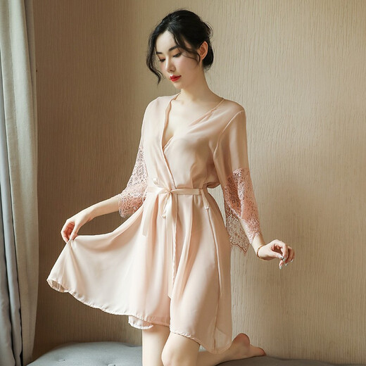Feminine temptation transparent mesh nightgown thong set cardigan style lace home wear bathrobe robe + T pants