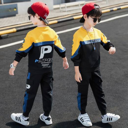 Aernita (Aernita) children's clothing boys' suit spring and autumn style medium and large children's clothes casual sports two-piece set 3-15 years old P style white 140 size [recommended height is about 1.3 meters]