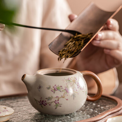 Porcelain brand tea set Ru Kiln Kung Fu tea set with tea tray household ceramic personal teapot teacup tea set beige Ru Kiln cute cat Xishi pot one pot and two cups