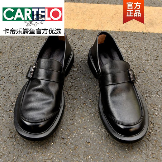 CARTELO spring and autumn breathable men's shoes soft leather business casual leather shoes genuine leather single layer cowhide round toe loose slip-on shoes black four seasons 40