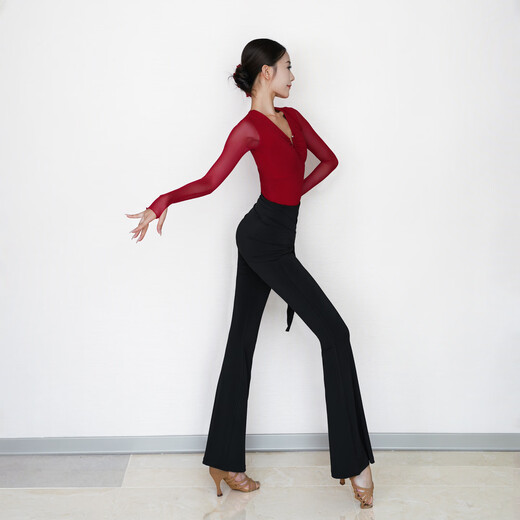 CONNY autumn and winter new high-end Latin dance clothing daily training uniform set special tops and pants for women adults cinnabar red long-sleeved one-piece top 3XL