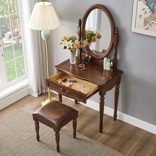 Shifuju European solid wood dressing table French white carved dressing table with drawers dressing table bedroom American simple makeup white 0.8 meter dressing table + makeup mirror + makeup stool