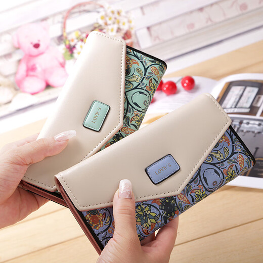 Kangaroo (KANGAROO) Korean style small floral diamond contrast envelope buckle women's wallet long wallet clutch bag wallet blue