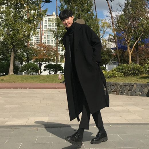 Cotton windbreaker jacket spring and autumn windbreaker men's medium-length Korean style coat thickened warm coat black long XL (120-140Jin [Jin equals 0.5 kg])